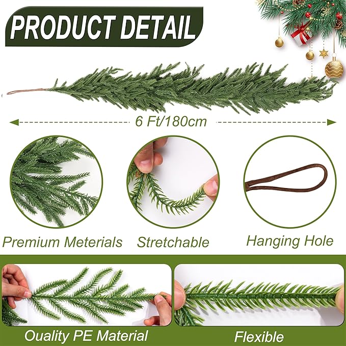 6 FT Christmas Norfolk Pine Garland Real Touch Artificial Faux Greenery Pine Christmas Garland Decorations for Home Mantle Table Stairs Door Fireplace Indoor Outdoor Xmas Holiday Decor