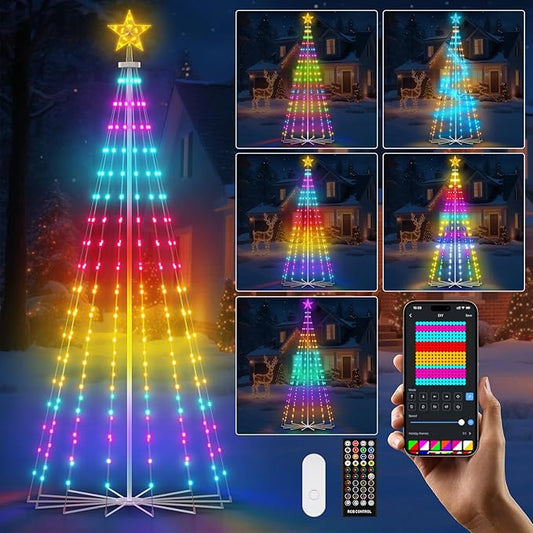REYLAX 9FT Outdoor Christmas Cone Tree with 460 LEDs, RGB Color Changing Pre-lit Smart Christmas Tree Lights, DIY Lightshow, Music Sync, Outdoor Decoration Lights, App & Remote Control