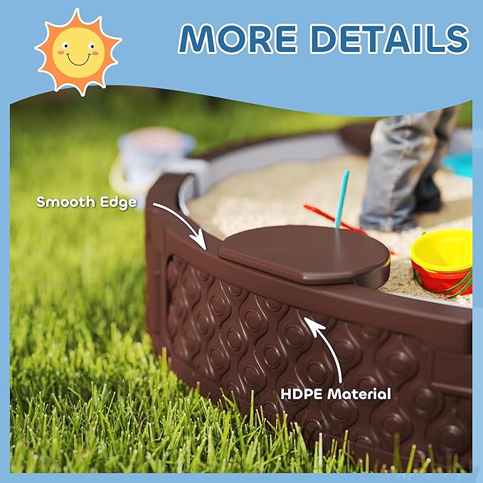 Qaba Kids Sandbox with Cover, Round 47 HDPE Large Sand Pit with 3 Seats, Waterproof Bottom Liner, Weather Resistant Outdoor Sand Box for Backyard, Lawn, Garden, Beach, Patio, Brown