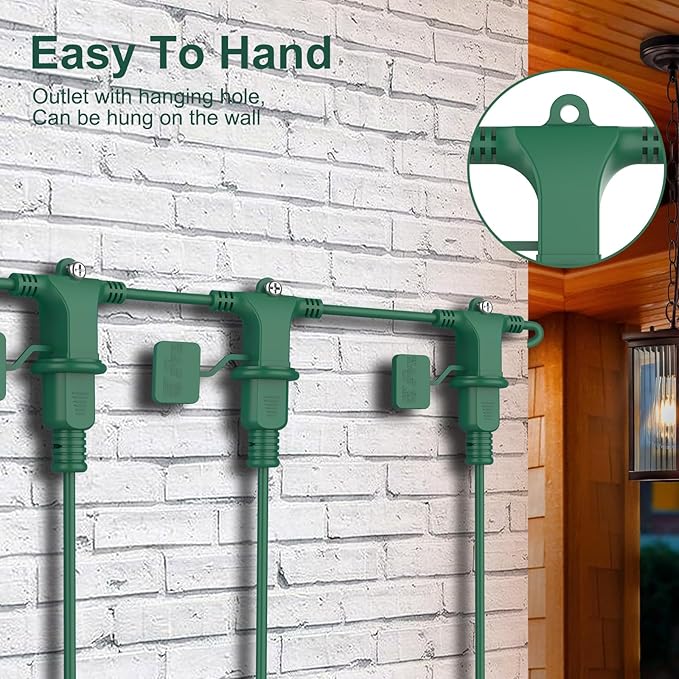 25FT Long Green Extension Cord 3 Outlets for Christmas Inflatables Blow Ups Yard Outdoor Outside Decorations Extension Cords with Multiple Outlets Plugs Cover Splitter Waterproof for Christmas Lights