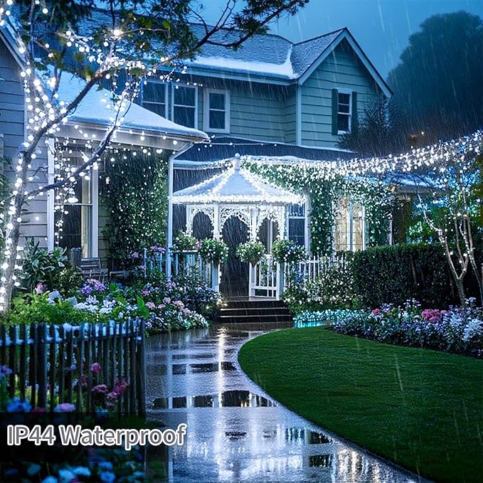 403 FT 1000 LED Christmas Lights Outdoor Fairy Lights Plug In Extra Long String Lights Clear Wire Waterproof 8 Modes Timer for Outside House Tree Garden Yard Wedding Party Decorations-Cool White