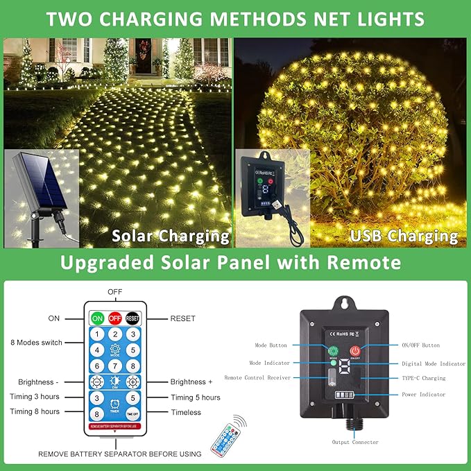 21ft x 5ft Solar Net Lights Outdoor, Solar & USB 2 Power Way 360 LED Waterproof Mesh Lights for Bushes, Remote Control 8 Modes String Light Trees Patio Garden Christmas Indoor Decor (Warm White)