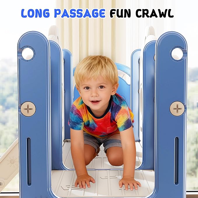 8 in 1 Toddler Slide, Outdoor Indoor Playset for Kids Baby Age 1 2 3, Childs Climber Slide with Storage Space and Non-Slip Steps, Basketball Hoopa and Telescope, Blue & White