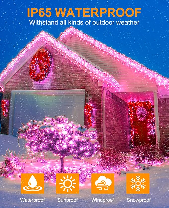 40FT 120 LED Christmas Lights Outdoor, Pink Christmas String Lights with 8 Modes & Waterproof, Connectable Plug in Christmas Tree Lights for Indoor Home Garden Xmas Party Decorations