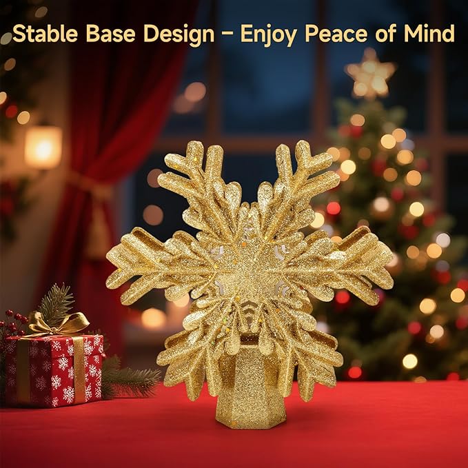 Christmas Tree Topper Lighted with Built-in LED Rotating Snowflake Projector, 3D Hollow Glitter Gold Snowflake Tree Topper for Xmas Party Holiday Christmas Decorations