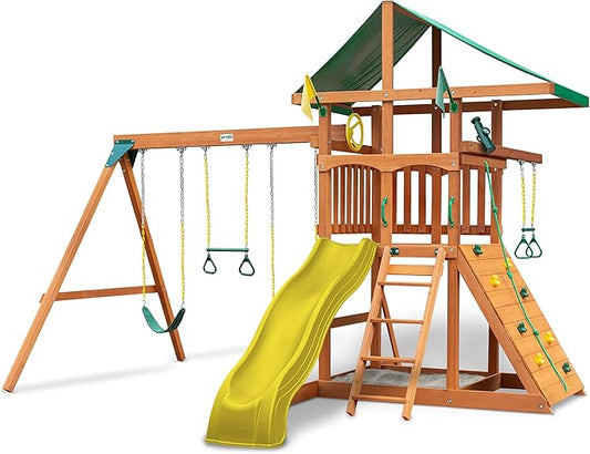 Gorilla Playsets 01-1064-Y Outing Wood Swing Set with Green Vinyl Canopy and Trapeze Arm - Yellow Slide