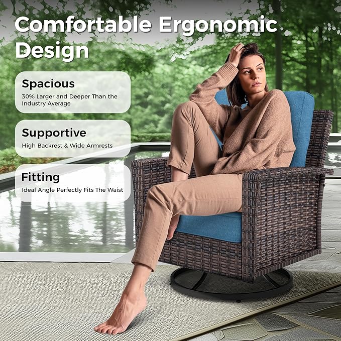 Outdoor Swivel Patio Chairs Set of 2 with Side Table, 3 Piece Wicker Highback Patio Bistro Set with Cushions for Deck Porch, Navy Blue