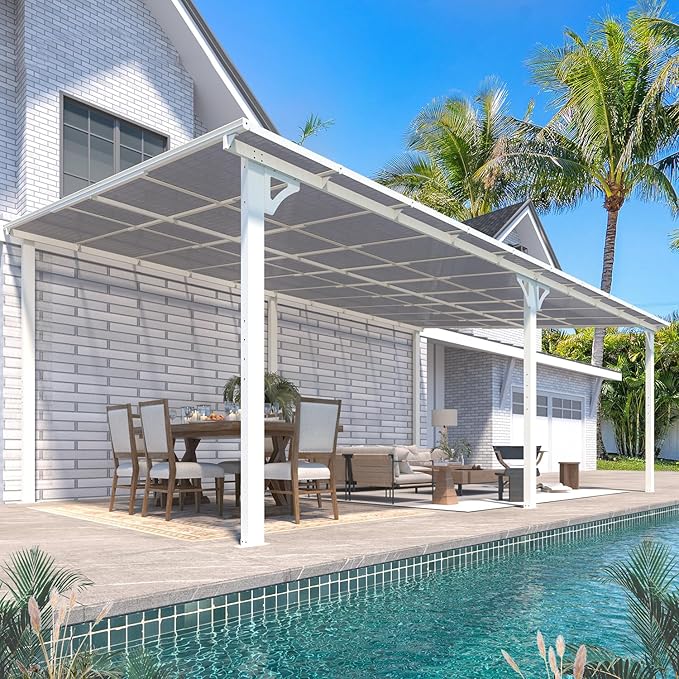 AECOJOY 20' x 12' Gazebo in White, Large Wall Mounted Gazebos on Clearance, Outdoor Patio Lean to Gazebo Metal Awnings for Decks,Patio, Porch, Backyard and More
