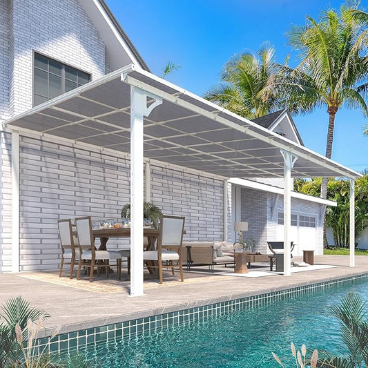AECOJOY 20' x 12' Gazebo in White, Large Wall Mounted Gazebos on Clearance, Outdoor Patio Lean to Gazebo Metal Awnings for Decks,Patio, Porch, Backyard and More