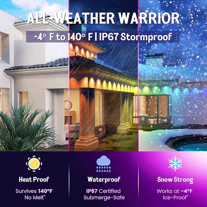 HUTAKUZE Permanent Outdoor Lights, 50ft RGB Outdoor Christmas Lights with 30 LED Light, IP67 Waterproof LED Eaves Light, DIY Scene Modes for Halloween Decor, Smart APP & Remote Control