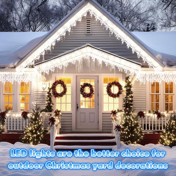 118 ft 1248 LED Christmas Outdoor Icicle Lights LED Fairy String Hanging Lights Waterproof with 8 Modes Timer for Christmas Decorations Wedding Holiday Party Roof Yard, White