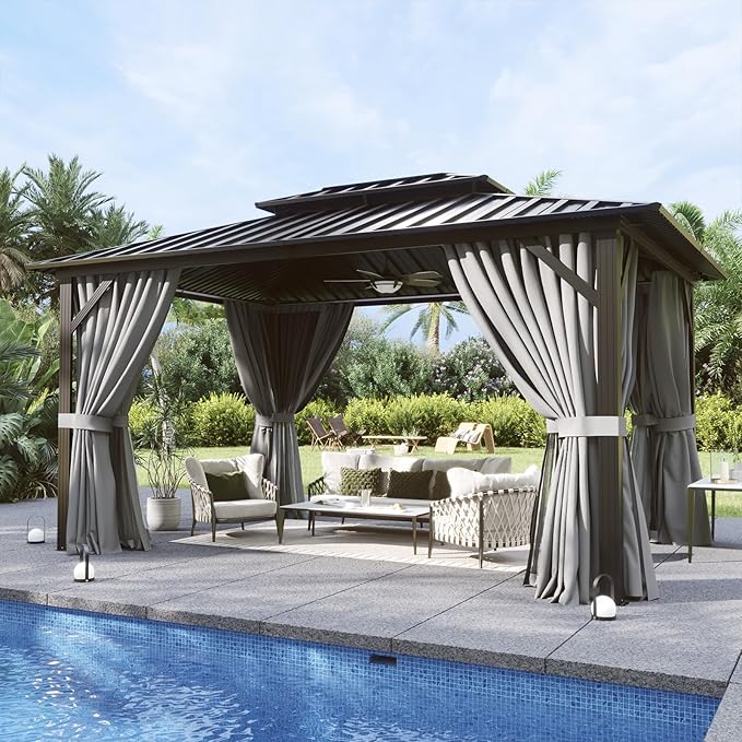 Aoxun 10'x12' Hardtop Gazebo, Aluminum Frame Canopy with Double Galvanized Steel Roof, Outdoor Metal Pavilion with Netting, Curtains for Backyard, Patio and Deck