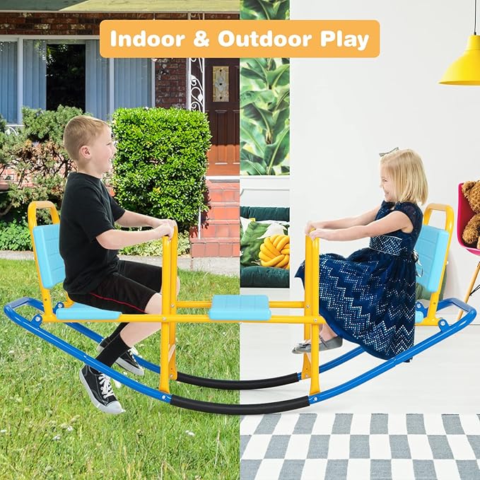 HONEY JOY Kids Seesaw Teeter Totter, 3-Person Heavy Duty Metal Playground Equipment for Backyard, Indoor Outdoor Rocking Fun for Toddlers Boys Girls Age 3-8, Teeter Totter for Kids Outdoor(Blue)