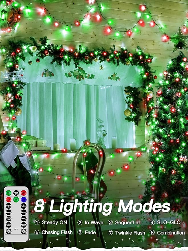 Christmas Lights 66FT 200 LED, Christmas Tree Light with 8 Lighting Modes, Outdoor Waterproof String Lights with Remote and Timer, Fairy Light for Holiday Decor (Red and Green)
