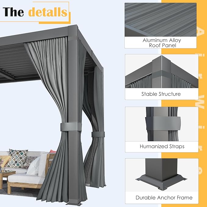 Pergola 10x20 Ft Louvered Pergola, Aluminum Outdoor Pergolas W/Adjustable Roof, Waterproof Curtains and Nets, Outdoor Gazebo for Deck,Patio,Backyard and Garden