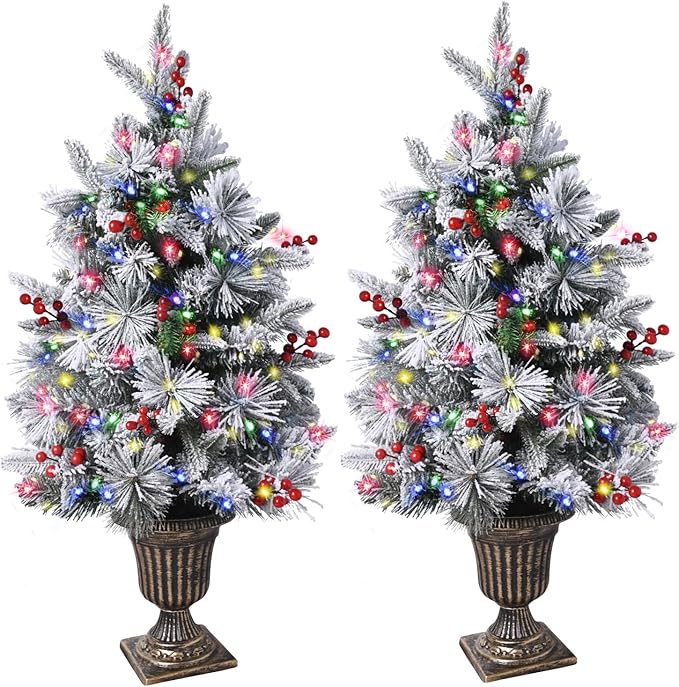Pre-lit Potted Christmas Tree, 2-Packs Flocked Snow Xmas Tree with 100 Color Led Lights, 8 Modes, PE Christmas Decoration for Home, Office, Easy Assembly