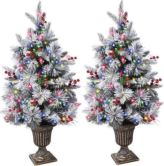 Pre-lit Potted Christmas Tree, 2-Packs Flocked Snow Xmas Tree with 100 Color Led Lights, 8 Modes, PE Christmas Decoration for Home, Office, Easy Assembly