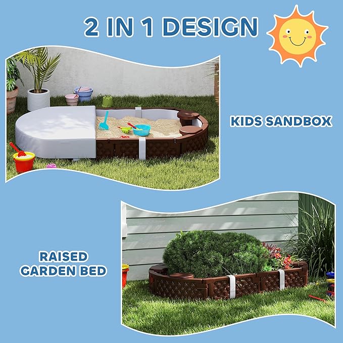 Qaba Kids Sandbox with Cover, Oval 71 HDPE Large Sand Pit with 4 Seats, Waterproof Bottom Liner, Weather Resistant Outdoor Sand Box for Backyard, Lawn, Garden, Beach, Patio, Brown