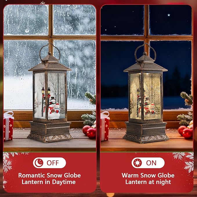 Snow Globe Lantern Christmas Table Decor with Santa Christmas Tree Lighted Scene Indoor Christmas Ornaments Decorations for Home Fireplace Mantle(Snowmen Family)