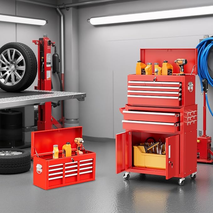 Bonusall 8 Drawer Rolling Tool Chest and Cabinet Combo,Heavy-Duty Metal Garage Tool Chest with Wheels and 2 Doors,2-in-1 Top Box and Roller Cabinet Combo for Garage, Workshop, Warehouse-Red