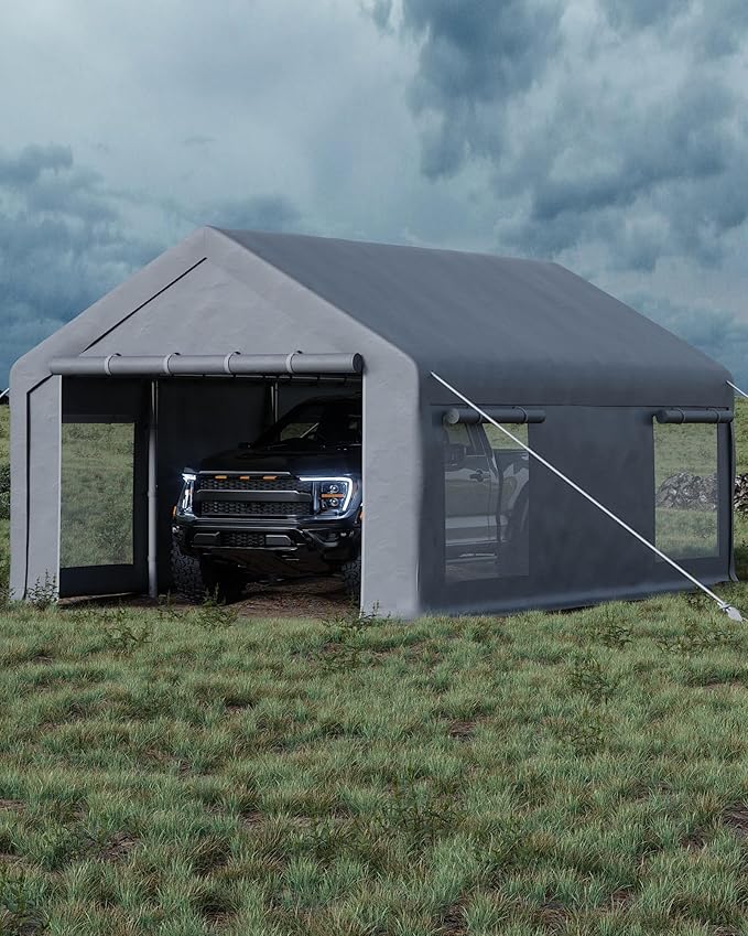 13X20 FT Portable Carport Garage with Roll-Up Windows & Doors, Heavy-Duty 200g PE Tarp, Waterproof & UV Protected Outdoor Shelter for Car, Boat, Truck, Motorcycle