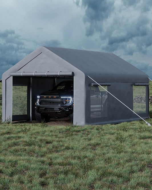 13X20 FT Portable Carport Garage with Roll-Up Windows & Doors, Heavy-Duty 200g PE Tarp, Waterproof & UV Protected Outdoor Shelter for Car, Boat, Truck, Motorcycle