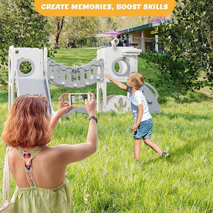 Toddler Playground Playset with Climbing Arch, Golf Set, Slide & Basketball Hoop - Outdoor Toys, Safe & Durable Plastic Garden Equipment (White Gray, Without Swing)