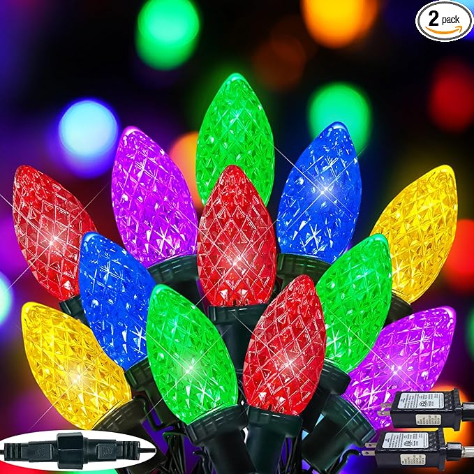 2-Pack Extentable C9 Christmas Lights Outdoor Indoor, 66 FT 100 LED Christmas String Lights Plug in with 8 Modes & Timer, Waterproof Fairy Twinkle Light for Xmas Tree Yard Decorations (Multi-Colored)