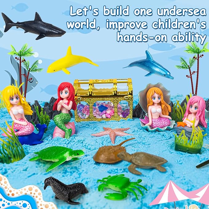 Sensory Bin, 57Pcs Ocean Mermaid Sensory Bins for Toddlers Sand Art Kit Sea Animals Molds Sandbox with Cover, Kids Play Sand Toys Playsand Birthday Valentines Gifts for Boys Girls 3-5 6 7+