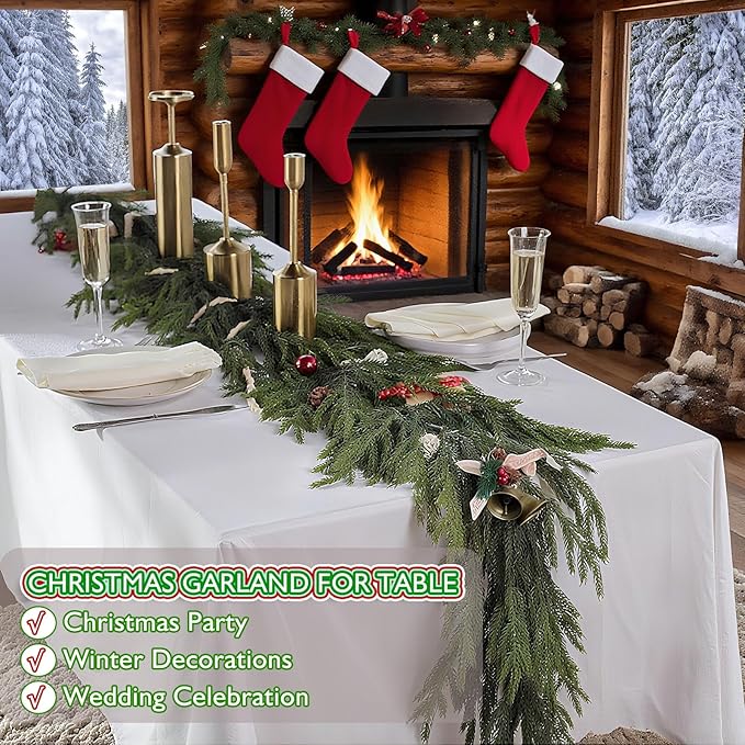 6 FT Christmas Norfolk Pine Garlands, Artificial Real Touch Winter Pine Garland, Green Realistic Greenery Garland for Table, Mantle, Wall, Indoor, Outdoor Christmas Decorations (1 Pcs)