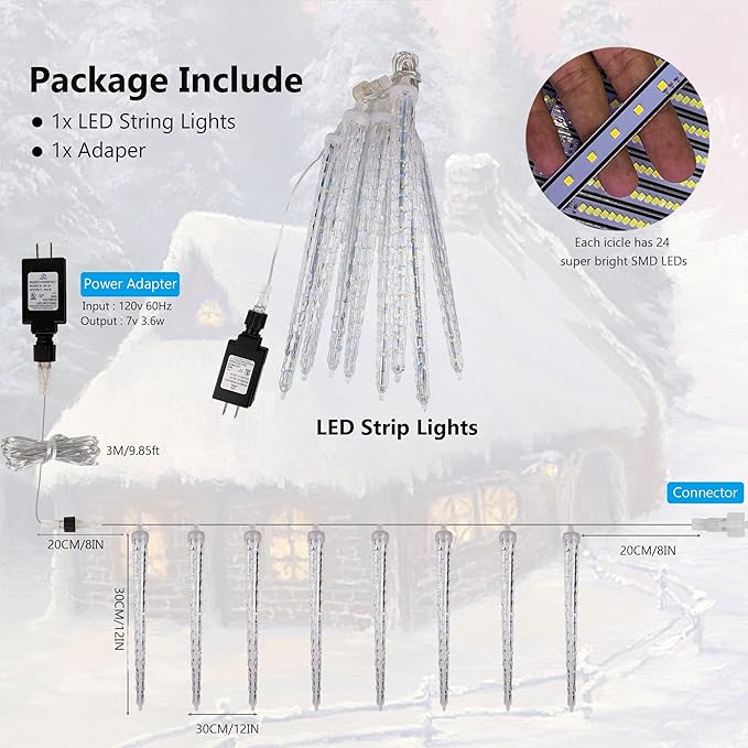 WATERGLIDE Meteor Shower Lights, 11" Outdoor Christmas Lights 10 Icicles 240 SMD LED Crystal Ice Falling Light, Connectable Raindrop Iciclelights, Xmas Winter Party Tree Holiday Decor, White