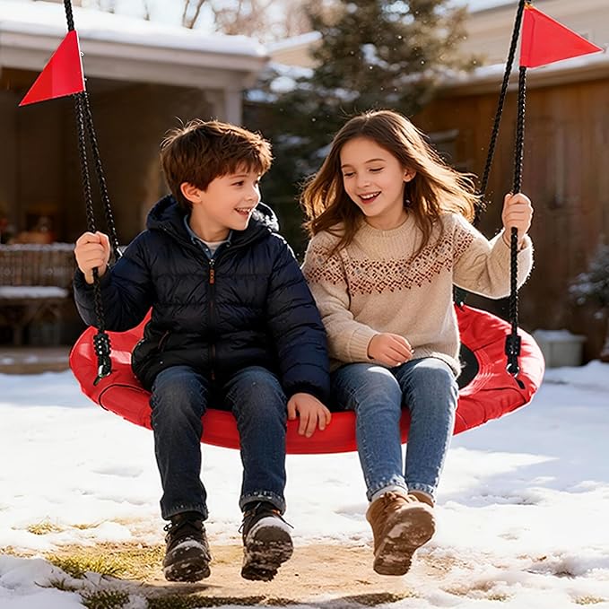 PACEARTH 40 Inch Flying Saucer Tree Swing, 900lb Weight Capacity, Sturdy Outdoor Swing Set with 2 Tree Straps, Safe and Durable Swing Seat for Children, DIY Package, Christmas Color Palette, Red