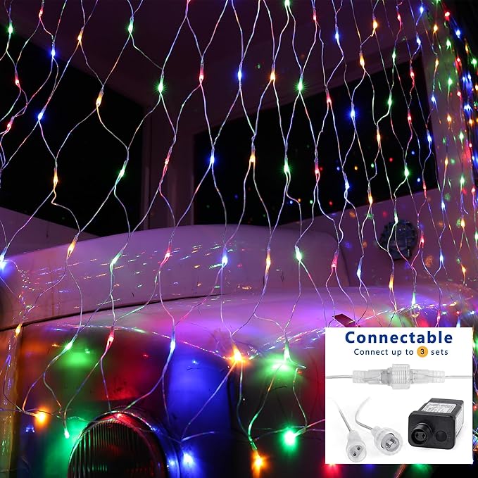 Joomer Christmas Net Lights - 12FT x 5FT 360 LED Plug-in Mesh Lights, Waterproof with 8 Modes, Timer, Connectable for Bushes, Trees, Garden, Outdoor Christmas Decor (Clear Wire, Multicolor)