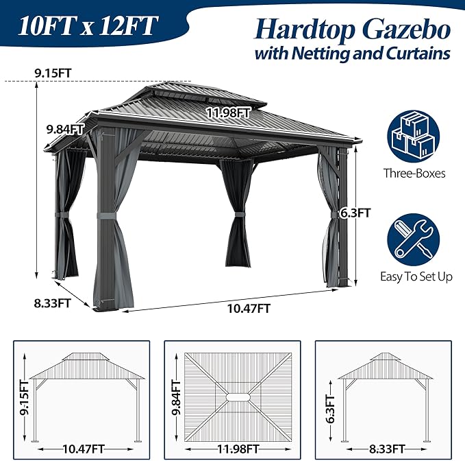 COVERONICS 10' x 12' Outdoor Hardtop Gazebo - Aluminum Heavy-Duty Double Roof Vented Gazebo with Breathable Netting & Privacy Curtains for Patio, Porch, Garden, Lawn