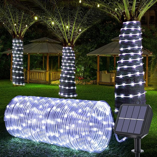 Solar Rope Lights, 66ft 200LED Solar String Lights, 8 Modes Waterproof Solar Powered Outdoor Light, Flexible Clear Tube Light for Garden, Backyard, Patio, Deck, Porch, Pool, Tree Decorative - White