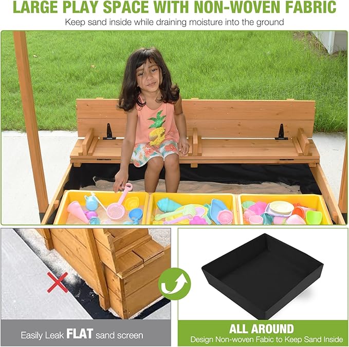 GUTINNEEN Sandbox with Lid and Cover for Kids Outdoor Sand Box with 3 Toy Bins, 2 Foldable Bench Seats, Adjustable Canopy and Sand Protection Liner, 47.2 L x 47.2 W x 51.9 H