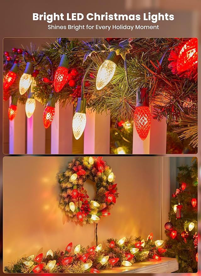C9 LED Christmas String Lights Outdoor, 26 Feet 20 LED Christmas Pathway Lights with 20 Plastic Stakes, Connectable Waterproof for Driveways Xmas Holiday Patio Decoration, Red and Warm White