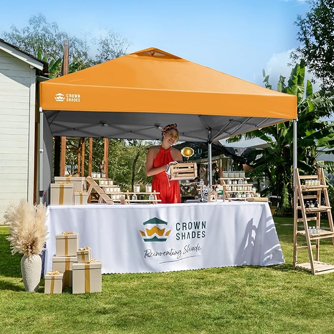 CROWN SHADES 10x10 Pop Up Canopy with 1 Side Wall - Beach Tent with One Push Setup - Outdoor Sun Shade for Events, Parties, Camping - Gazebo with STO-N-Go Cover Bag (Orange)