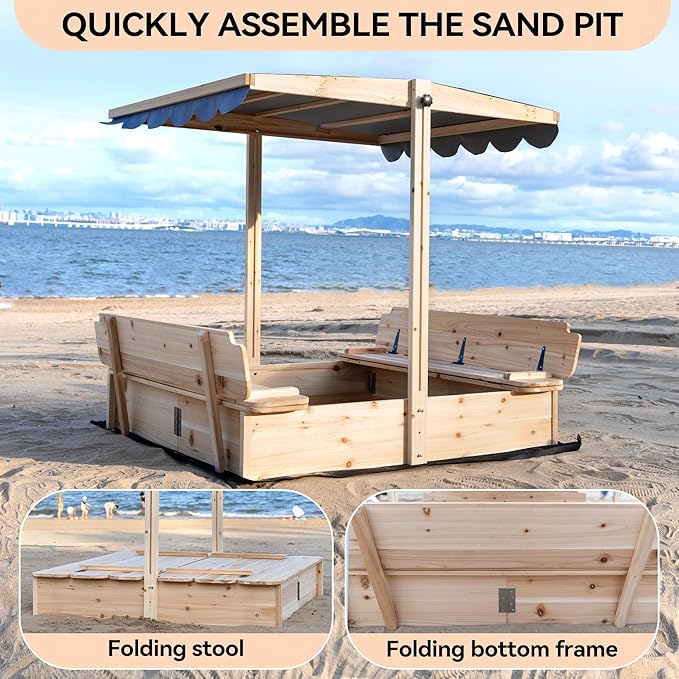 Wooden Sandbox with Lid & Canopy Cover, 48x48 Large Outdoor Sand Box for Kids Ages 4-8, with Foldable Bench Seats, UV-Resistant & Adjustable Height Roof & Bottom Liner