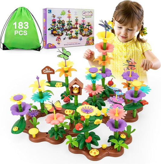 Flower Garden Building Toys for Girls: 183 PCS Kids Gardening Kit Set Gifts for 3 4 5 6 7 Year Old Toddler