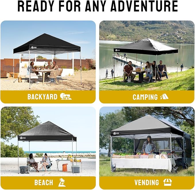 CROWN SHADES 8x8 Pop Up Canopy, Patented Center Lock One Push Instant Popup Outdoor Canopy Tent, Newly Designed Storage Bag, 8 Stakes, 4 Ropes, Silver-Coated Black