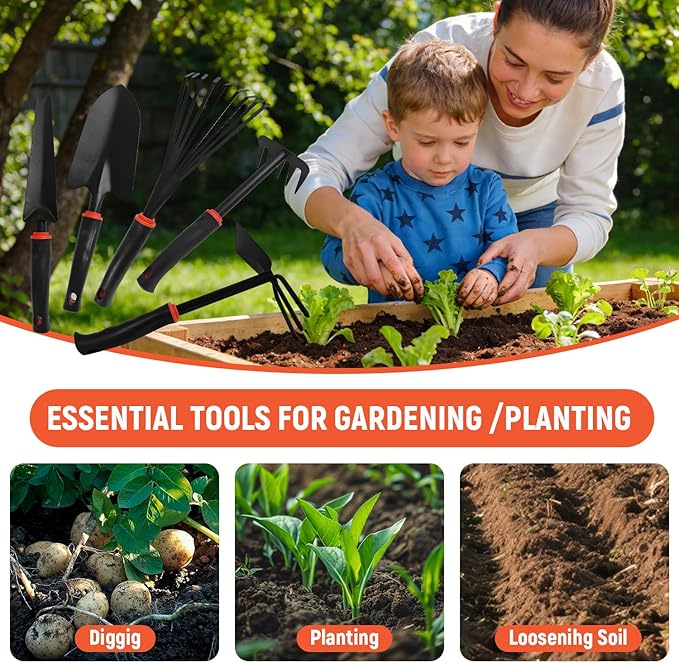 Heavy Duty Gardening Tool Set with Ergonomic Handle, 5Pcs Set Includes Rake, Shovel, Hand Hoe, Double-Sided Cultivator & Weed Puller Tool for Digging, Transplanting, Weeding£¨5Pcs£©