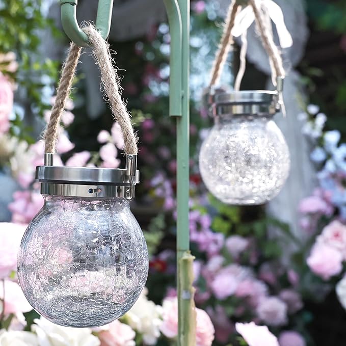Cooo Christmas Gifts 6 Pack Heavy Crackle Glass Solar Lantern with 30 LED Firefly Lights– Waterproof Outdoor Hanging Lamp 215% Larger Solar Panel, Stainless Steel Lid Decorative Lighting for Garden