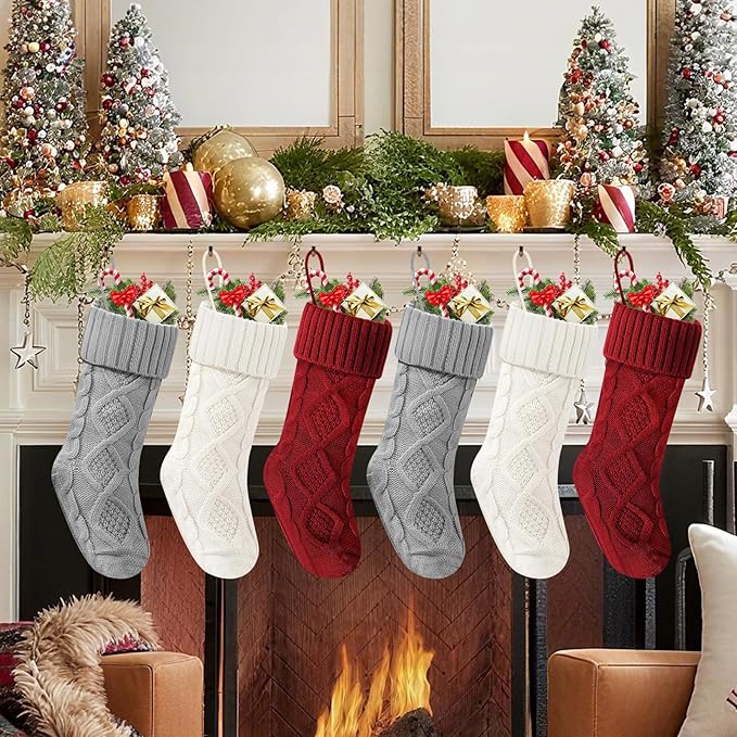 Christmas Stockings 18 Inches,Long Knitted Socks Christmas Decoration Holiday Gift Hanging Stocking Fireplace Xmas Tree Stocking For Home Family（2red+2white+2gray）