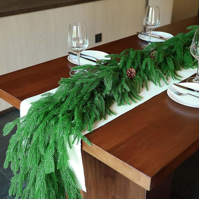 2Pcs 6FT Christmas Norfolk Pine Garland, Greenery Real Touch Decorations for Mantle Table Staircase Fireplace Mantel Porch Banister Holiday Home Winter Faux Xmas Garland Winter Indoor Outdoor Decor