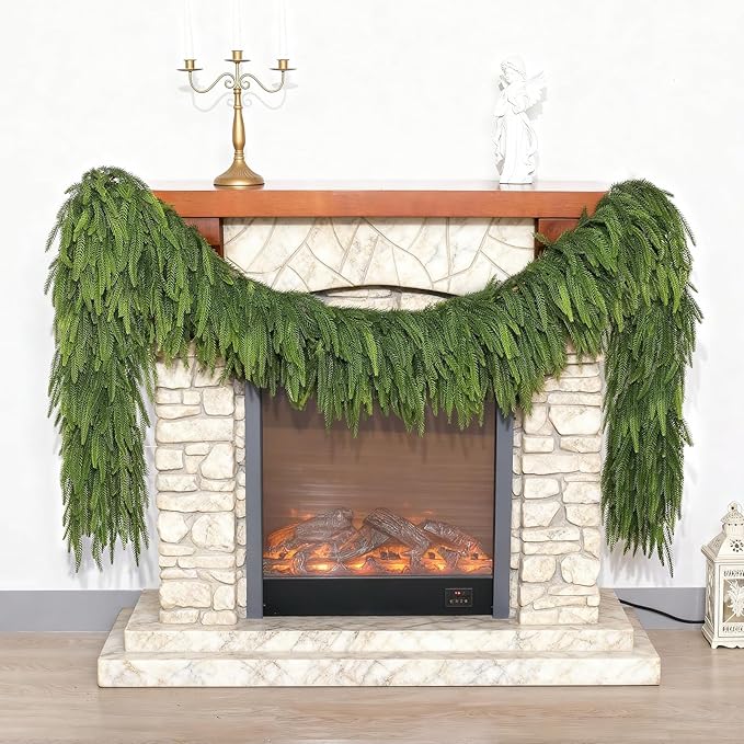 Christmas Norfolk Pine Garlands - 9ft Artificial Garland Faux Green Fake Pine Needles Garland for Fireplace,Table,Window,Stairs,Mante,Holiday Indoor Outdoor Xmas Decor(1PCS)