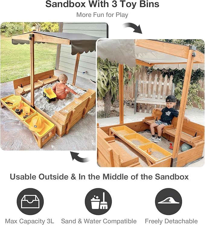 Sand Box with Lid and Cover, 47.2 Square Kids Sandbox with 3 Detachable Toy Bins, 360¡Æ Adjustable Canopy, Foldable Benches & Sand Leak-Proof Liner