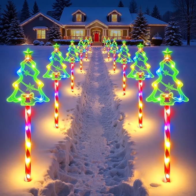 12 Pack Christmas Decorations Outdoor, Solar Christmas Tree Lights with 156 Bright LED and 10 Lighting Modes, 7 Colorful Waterproof Xmas Decor for Pathway Yard