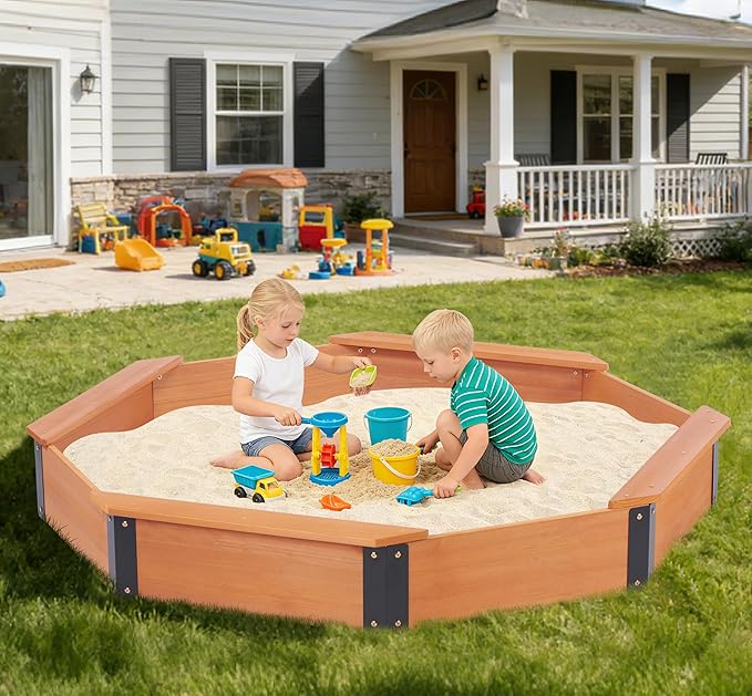 64''x56''x8.5'' Octagon Sandbox with Cover for Kids Outdoor Play, Wood Large Sandpit with 4 Benches, Quick Easy Install, US. Patented