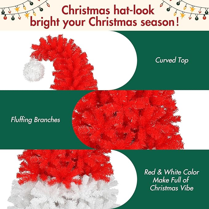 Merax 7FT Prelit Red Christmas Tree, Santa Hat Elf Hat Whimsical Christmas Tree Prelit with 400 Lights, 1250 Tips for Holiday Decor (Red)
